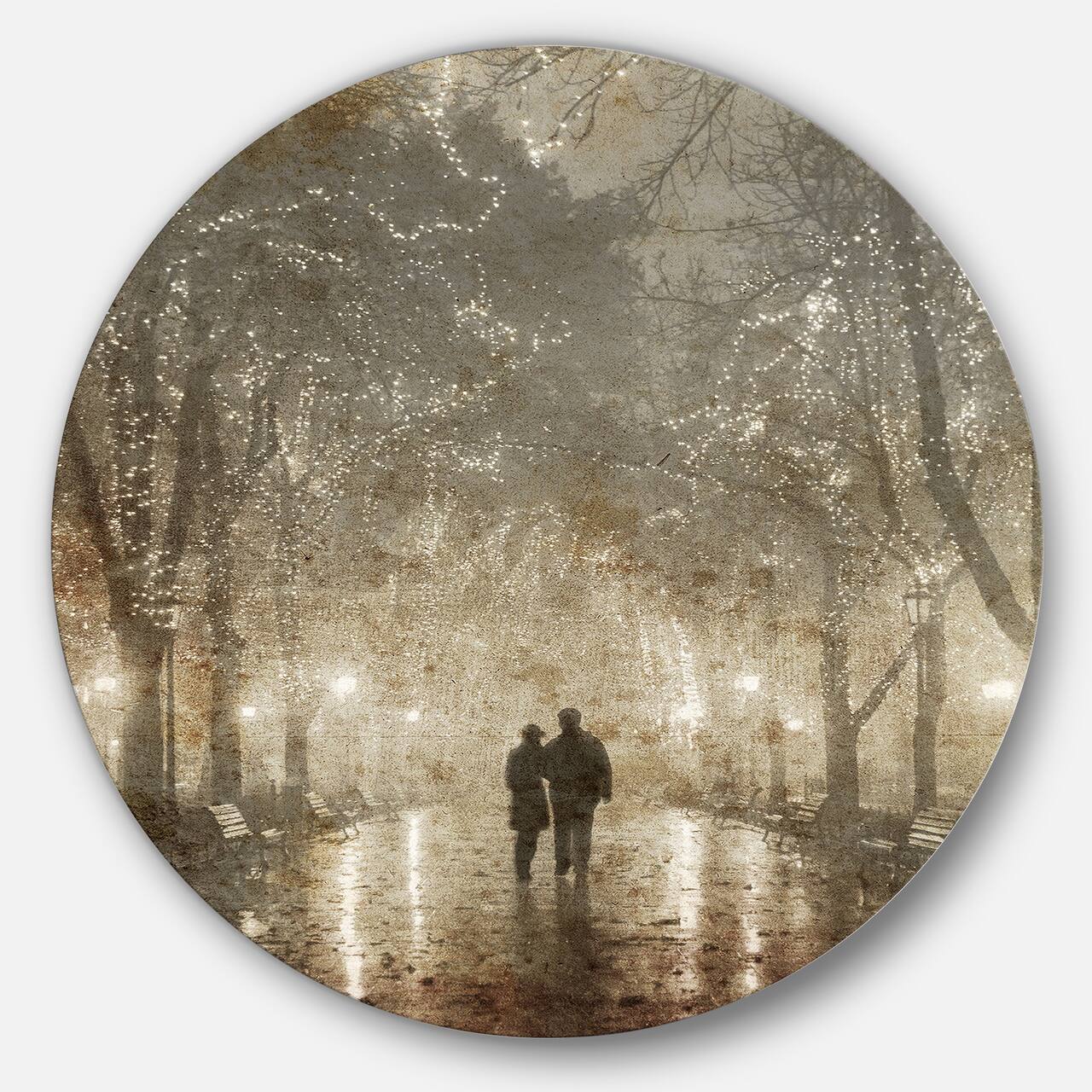 Designart - Couple Walking in Night Lights' Landscape Photography Circle Circle Metal Wall Art